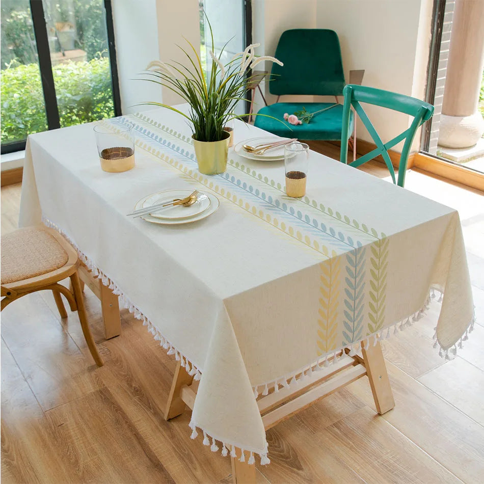 Nappe à pompons brodée polyester et coton Epi de blé
