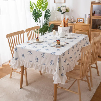 White embroidered tablecloth with blue flowers waterproof ruffle