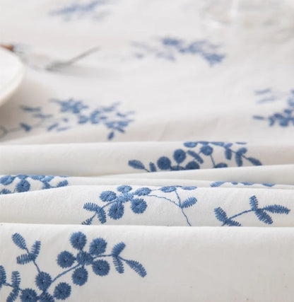 White embroidered tablecloth with blue flowers waterproof ruffle
