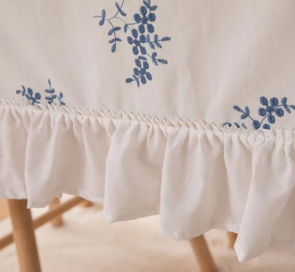 White embroidered tablecloth with blue flowers waterproof ruffle