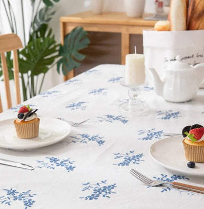 White embroidered tablecloth with blue flowers waterproof ruffle
